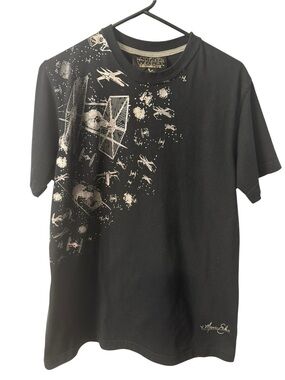 Men’s Star Wars Black Short Sleeve Tee with Tie Fighter Space Battle Graphic MED